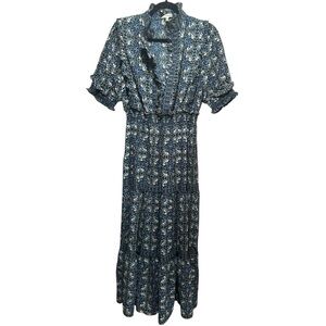 Max Studio Navy Blue Green Floral Tiered Maxi Dress Size Large